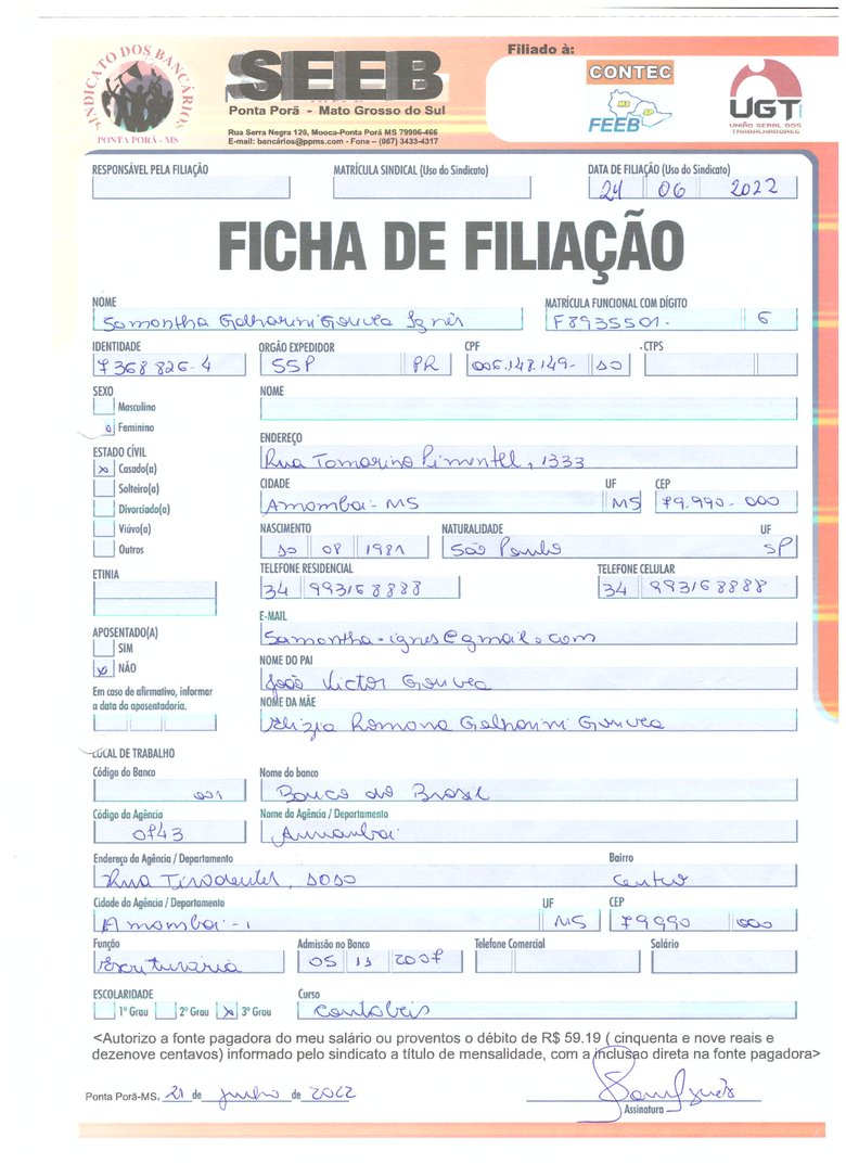 Ficha de Filiação - SAMANTHA GALHARINI GOUVEA IGNES